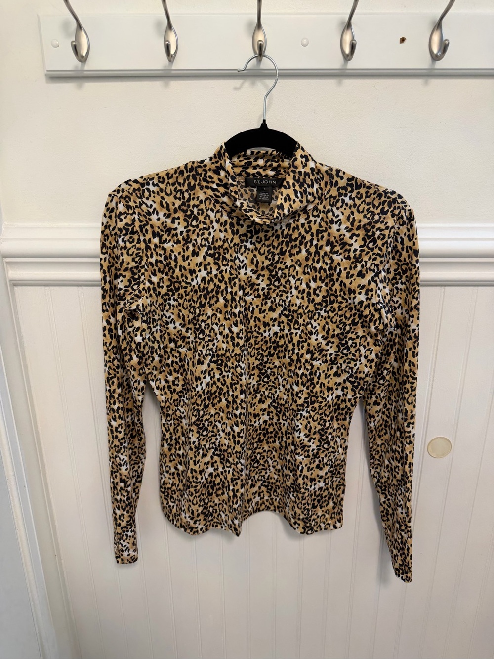 St. John Leopard Print Cowl Neck Top in Tan Black and White